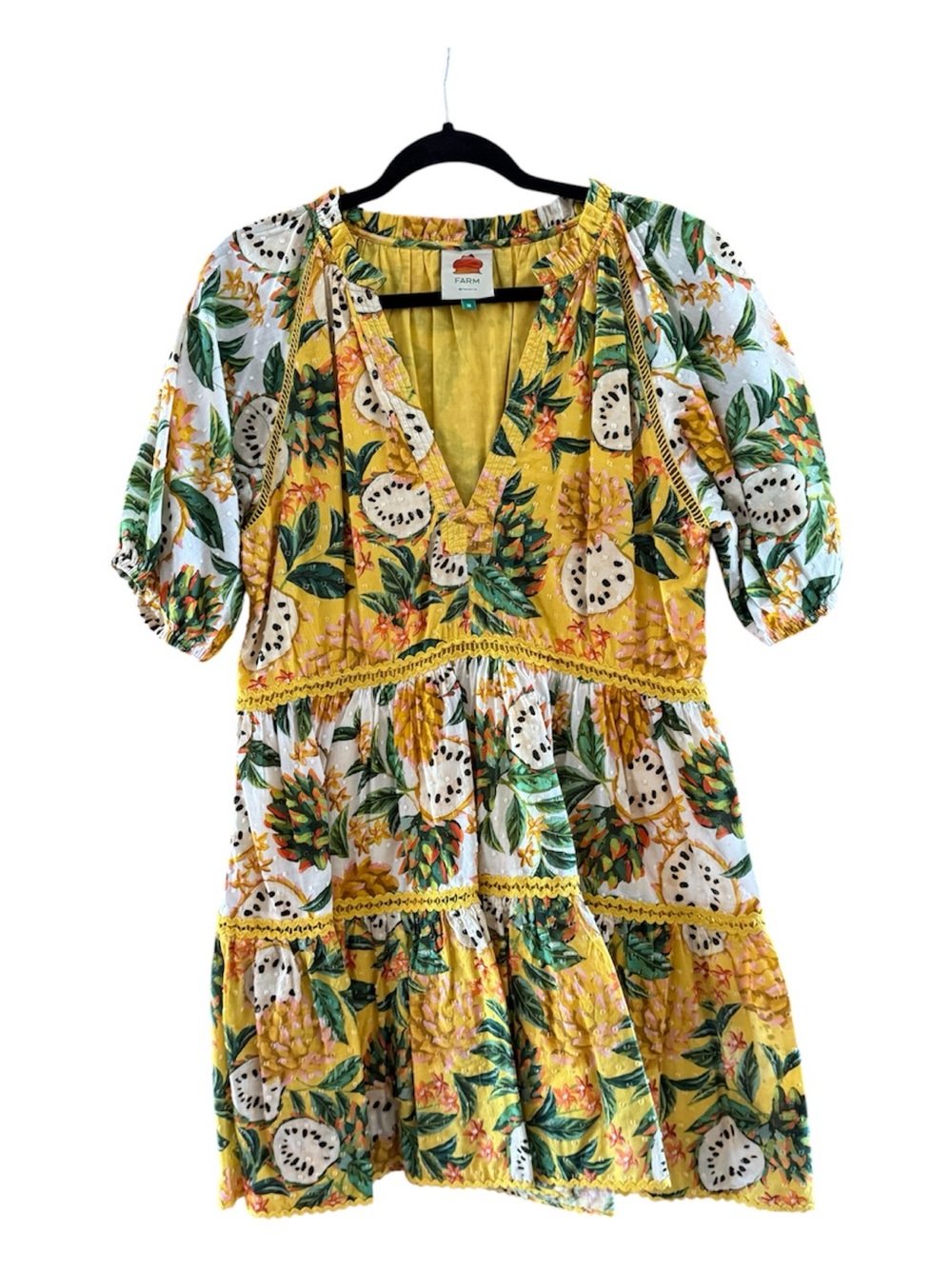FARM Rio tropical fruit Tiered Mini Dress with Green Foliage